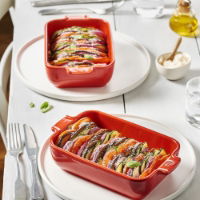 RED RECTANGULAR CERAMIC ROASTER, 32CM