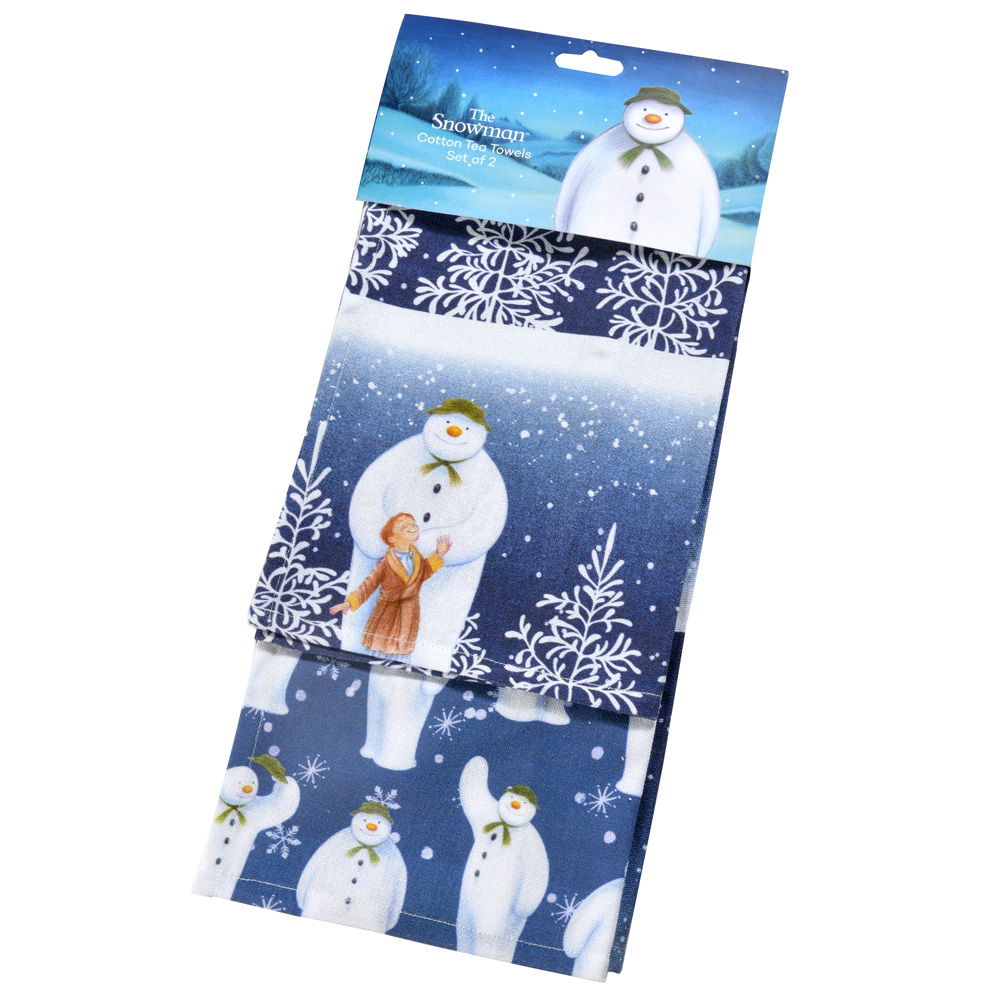 THE SNOWMAN™ COTTON TEA TOWELS SET 2. baking, Christmas, kitchen, buy online, retail, trade, cotton, mince pies, Raymond Briggs