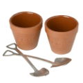 FLOWERPOT EGG CUPS, EGGS, BOILED, BREAKFAST, TERRACOTTA, SHOVELS, STAINLESS STEEL